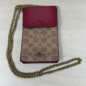 Coach Phone Crossbody Chain Strap Logo Canvas North South Pouch Red Accent
